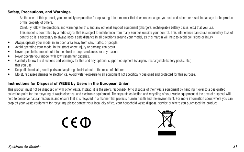Safety, precautions, and warnings | Spektrum SPMMSJR9 User Manual | Page 31 / 32