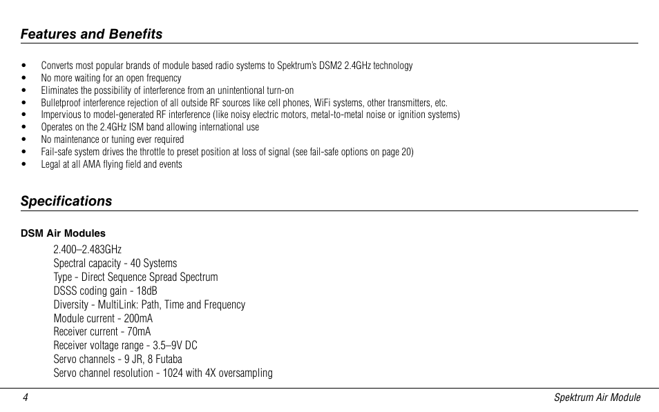 Features and benefits, Specifications, Dsm air modules | Features and benefits specifications | Spektrum SPMMSJR9 User Manual | Page 4 / 32