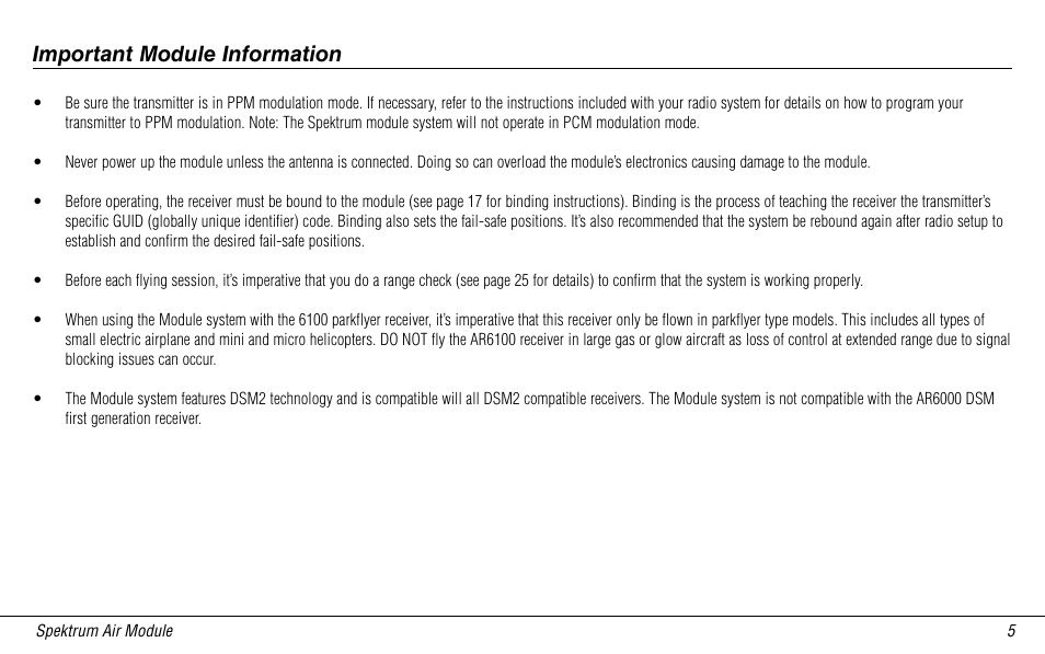 Important module information | Spektrum SPMMSJR9 User Manual | Page 5 / 32
