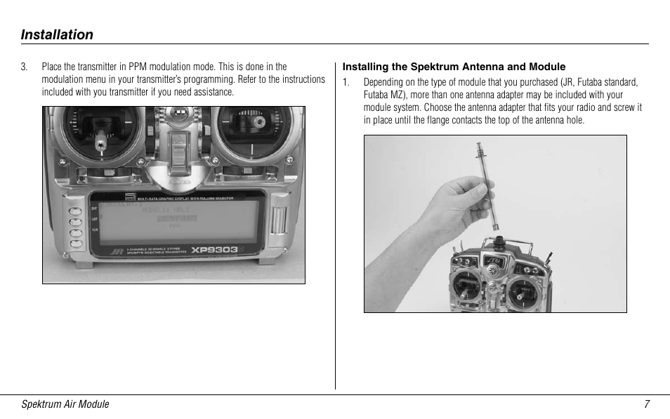 Installing the spektrum antenna and module, Installation | Spektrum SPMMSJR9 User Manual | Page 7 / 32