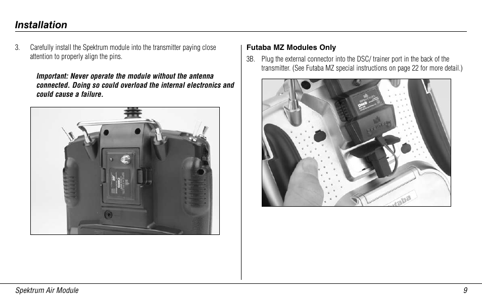 Futaba mz modules only, Installation | Spektrum SPMMSJR9 User Manual | Page 9 / 32