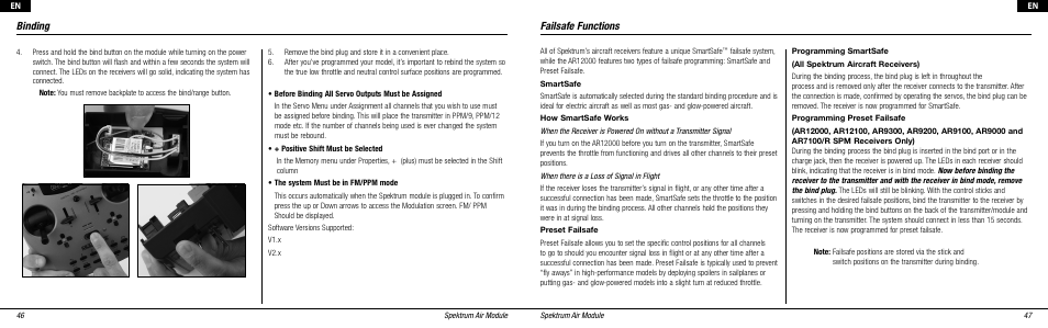 Binding, Failsafe functions | Spektrum SPMMS3132 User Manual | Page 11 / 16