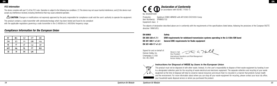 Compliance information for the european union, Declaration of conformity | Spektrum SPMMS3132 User Manual | Page 15 / 16