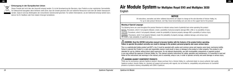 Air module system, For multiplex royal evo and multiplex 3030 english | Spektrum SPMMS3132 User Manual | Page 2 / 16