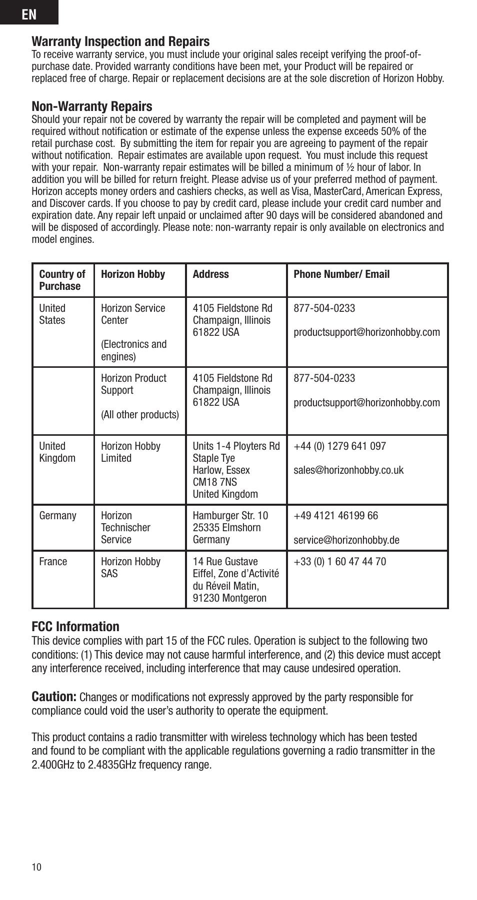 Warranty inspection and repairs, Non-warranty repairs, Fcc information | Caution | Spektrum SPMMR3000 User Manual | Page 10 / 44