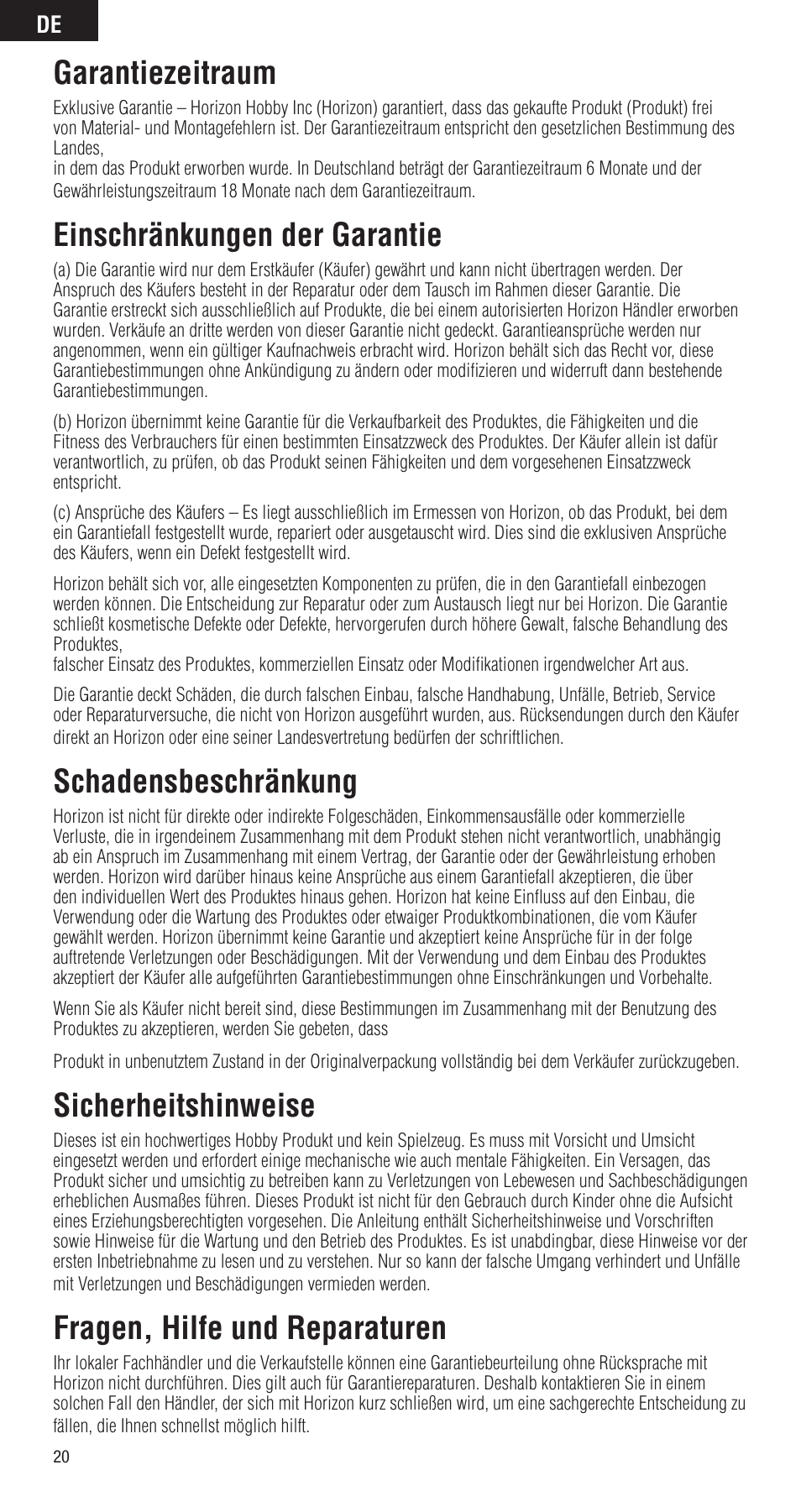 Garantiezeitraum, Einschränkungen der garantie, Schadensbeschränkung | Sicherheitshinweise, Fragen, hilfe und reparaturen | Spektrum SPMMR3000 User Manual | Page 20 / 44