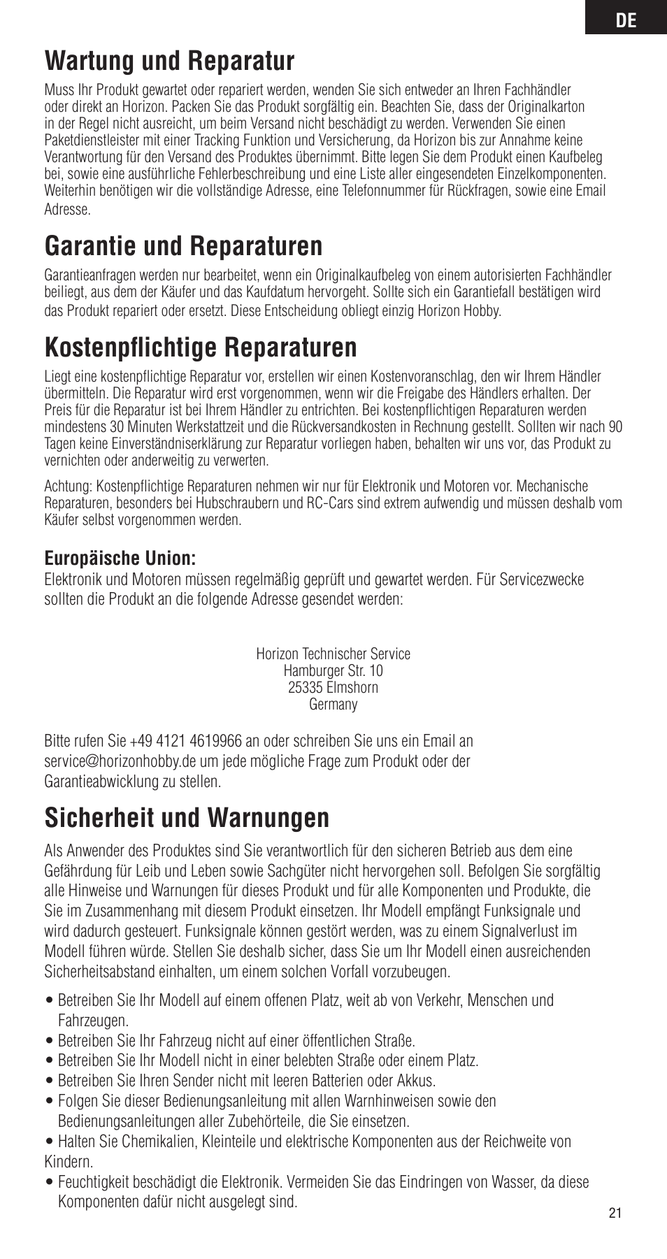 Wartung und reparatur, Garantie und reparaturen, Kostenpflichtige reparaturen | Sicherheit und warnungen | Spektrum SPMMR3000 User Manual | Page 21 / 44