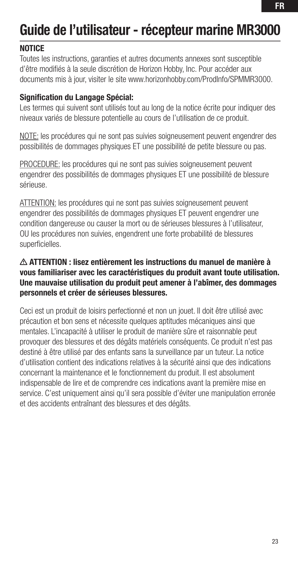 Guide de l’utilisateur - récepteur marine mr3000 | Spektrum SPMMR3000 User Manual | Page 23 / 44