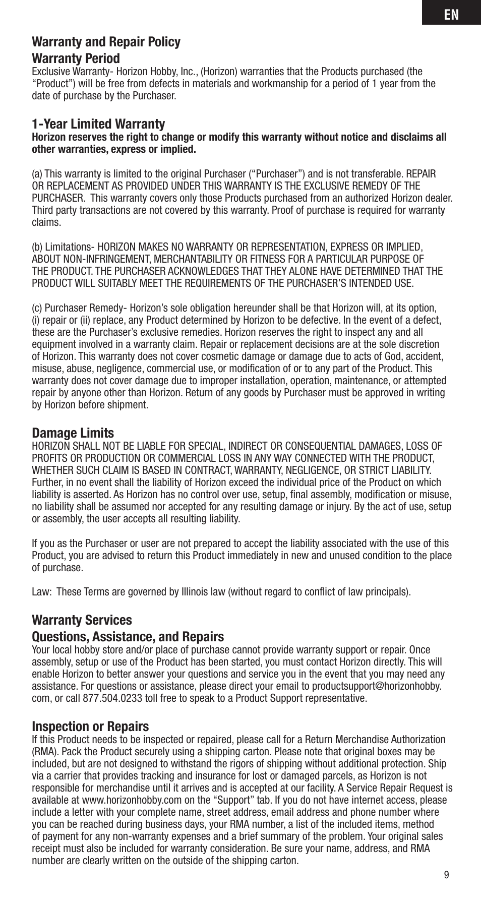 Warranty and repair policy warranty period, Year limited warranty, Damage limits | Warranty services, Questions, assistance, and repairs, Inspection or repairs | Spektrum SPMMR3000 User Manual | Page 9 / 44