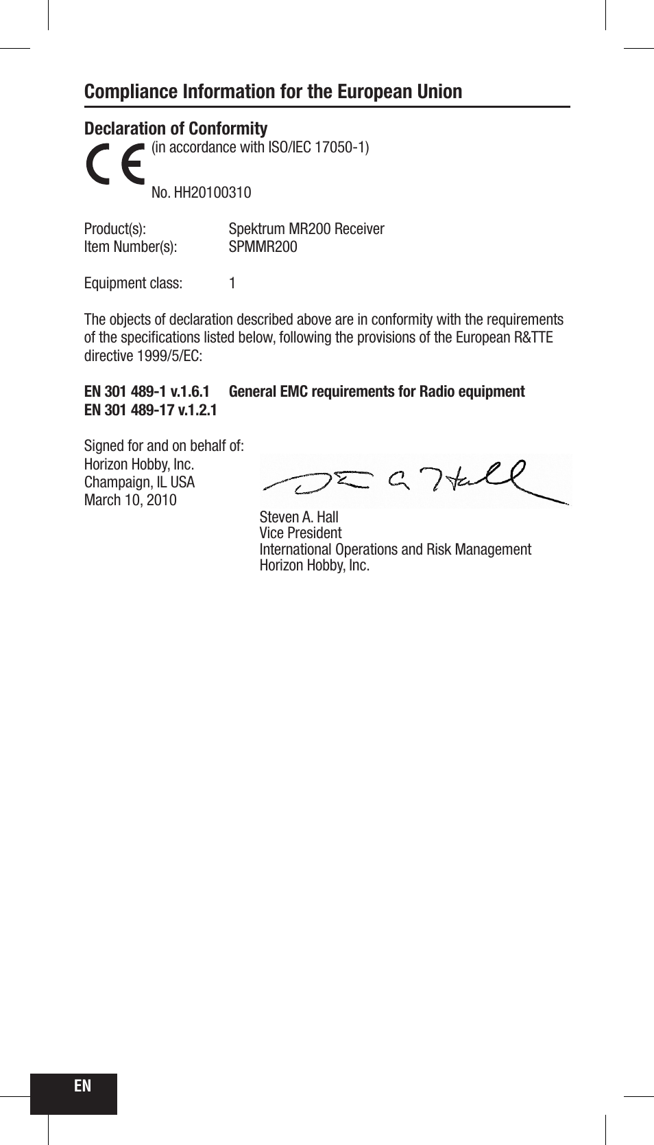 Compliance information for the european union | Spektrum SPMMR200 User Manual | Page 10 / 48