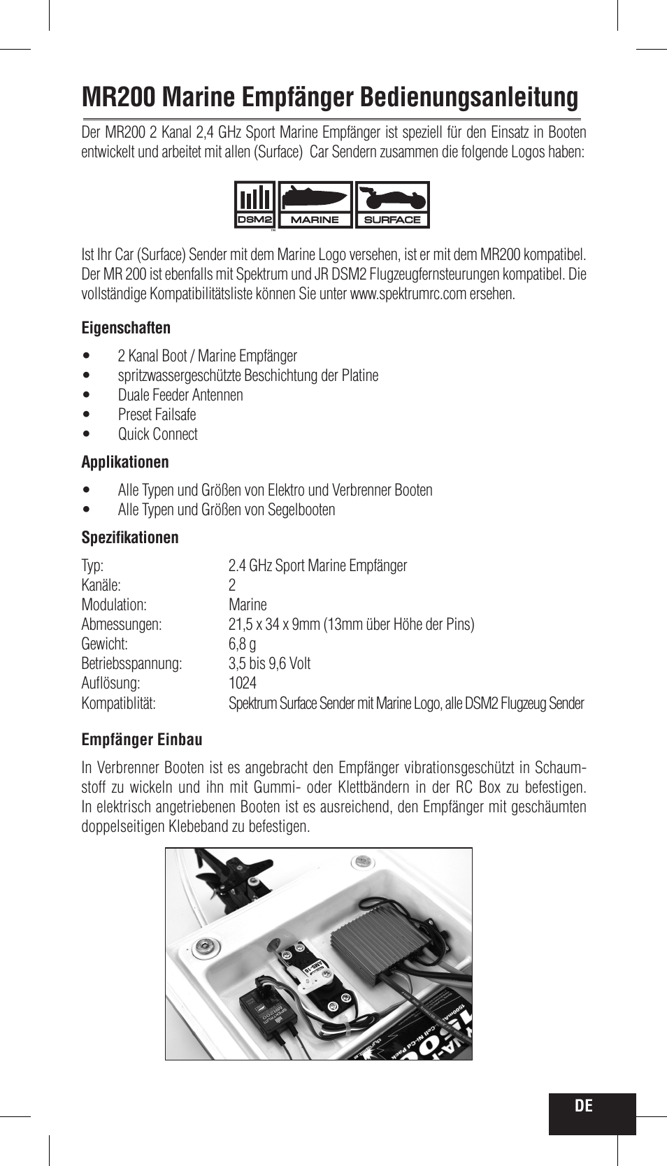 18020_spm_mr200_de, Mr200 marine receiver user guide, Mr200 marine empfänger bedienungsanleitung | Spektrum SPMMR200 User Manual | Page 13 / 48