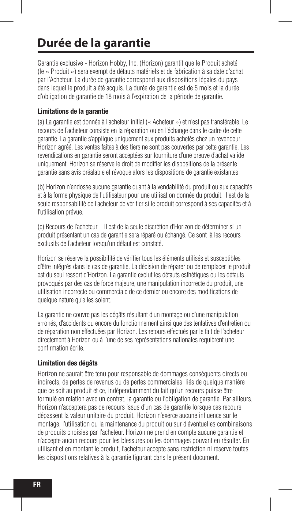 Durée de la garantie | Spektrum SPMMR200 User Manual | Page 30 / 48