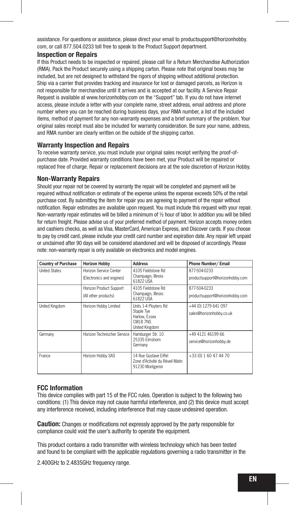 Inspection or repairs, Warranty inspection and repairs, Non-warranty repairs | Fcc information, Caution | Spektrum SPMMR200 User Manual | Page 9 / 48