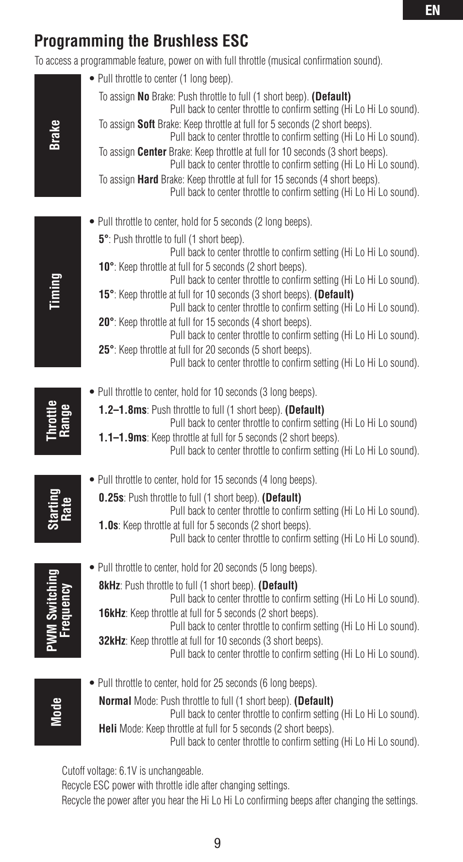 Programming the brushless esc, En 9 | Spektrum SPMAS6410NBL User Manual | Page 9 / 16