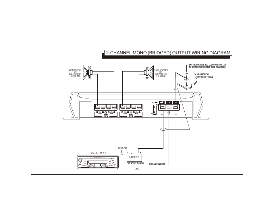 Channel mono (bridged) output wiring diagram, Car stereo, Battery | Audiovox AXT-500 User Manual | Page 13 / 17