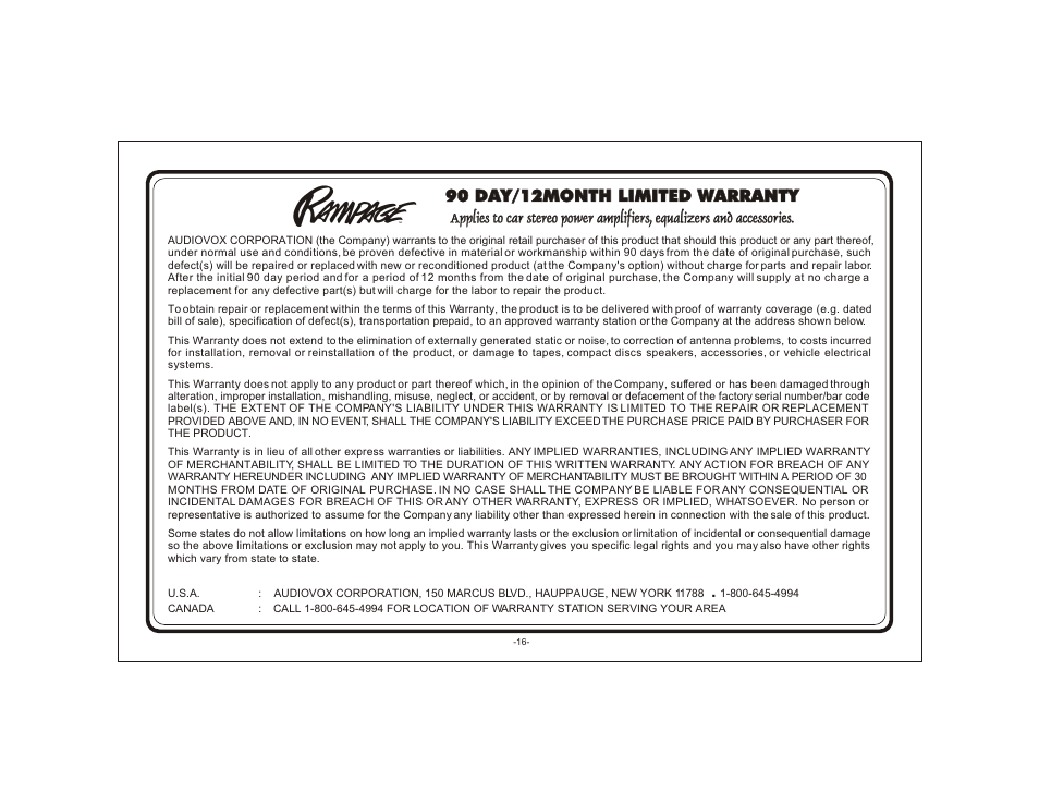 90 day/12month limited warranty | Audiovox AXT-500 User Manual | Page 16 / 17