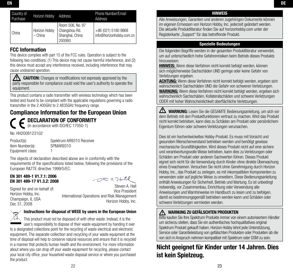 Compliance information for the european union, Fcc information, Declaration of conformity | Spektrum SPMAR9310 User Manual | Page 12 / 45