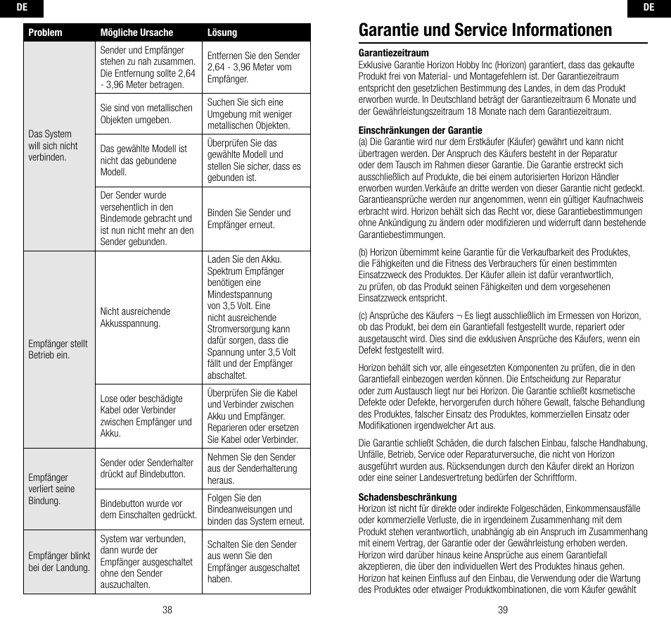 Garantie und service informationen | Spektrum SPMAR9310 User Manual | Page 20 / 45