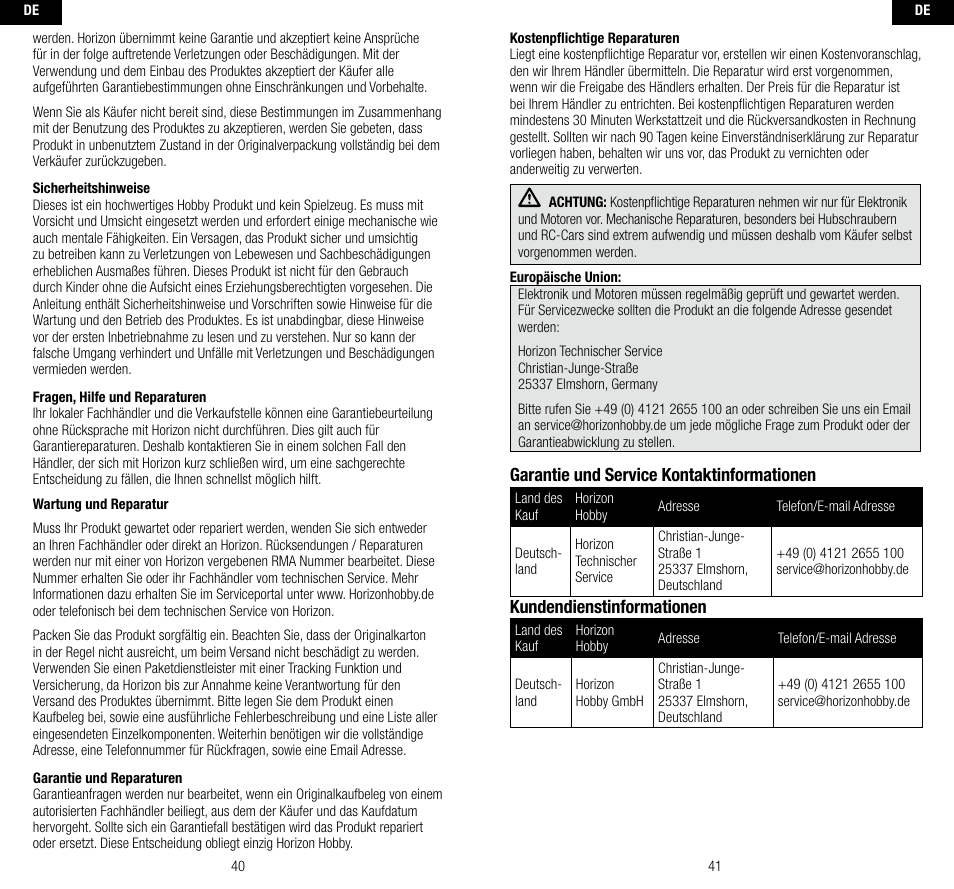 Garantie und service kontaktinformationen, Kundendienstinformationen | Spektrum SPMAR9310 User Manual | Page 21 / 45