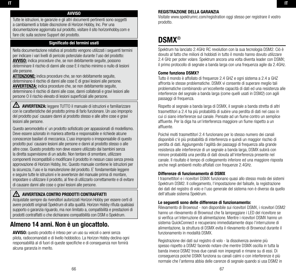 Dsmx, Almeno 14 anni. non è un giocattolo | Spektrum SPMAR9310 User Manual | Page 34 / 45