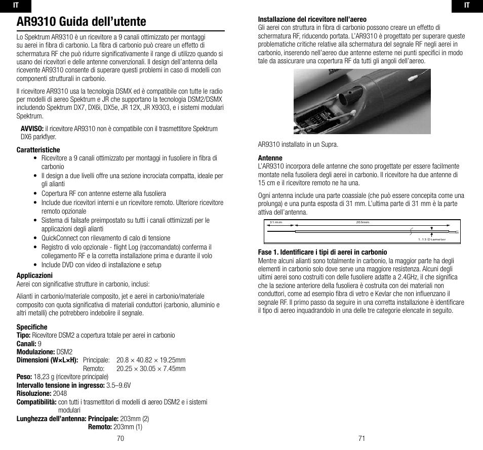 Ar9310 guida dell’utente | Spektrum SPMAR9310 User Manual | Page 36 / 45