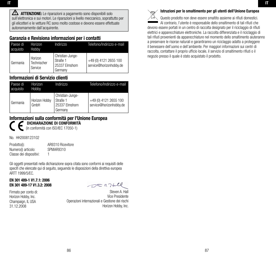 Garanzia e revisiona informazioni per i contatti, Informazioni di servizio clienti, Informazioni sulla conformità per l’unione europea | Spektrum SPMAR9310 User Manual | Page 44 / 45