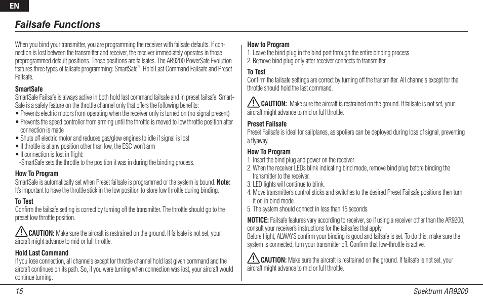 Failsafe functions | Spektrum SPMAR9200 User Manual | Page 15 / 92