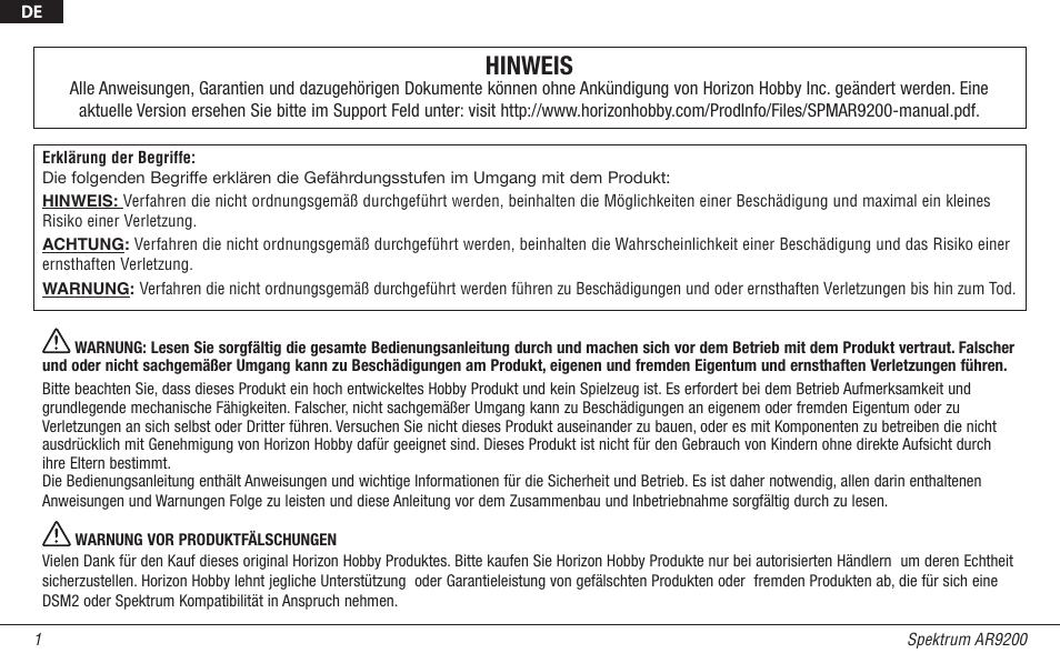 17880.1i_spm_ar9200_i_de_hr.pdf, Hinweis | Spektrum SPMAR9200 User Manual | Page 23 / 92