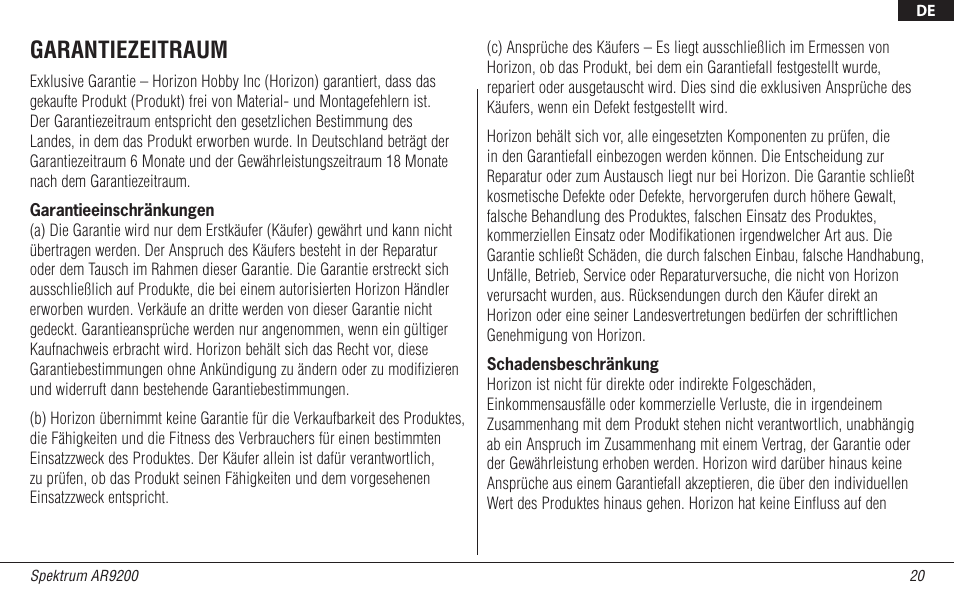 Garantiezeitraum | Spektrum SPMAR9200 User Manual | Page 42 / 92