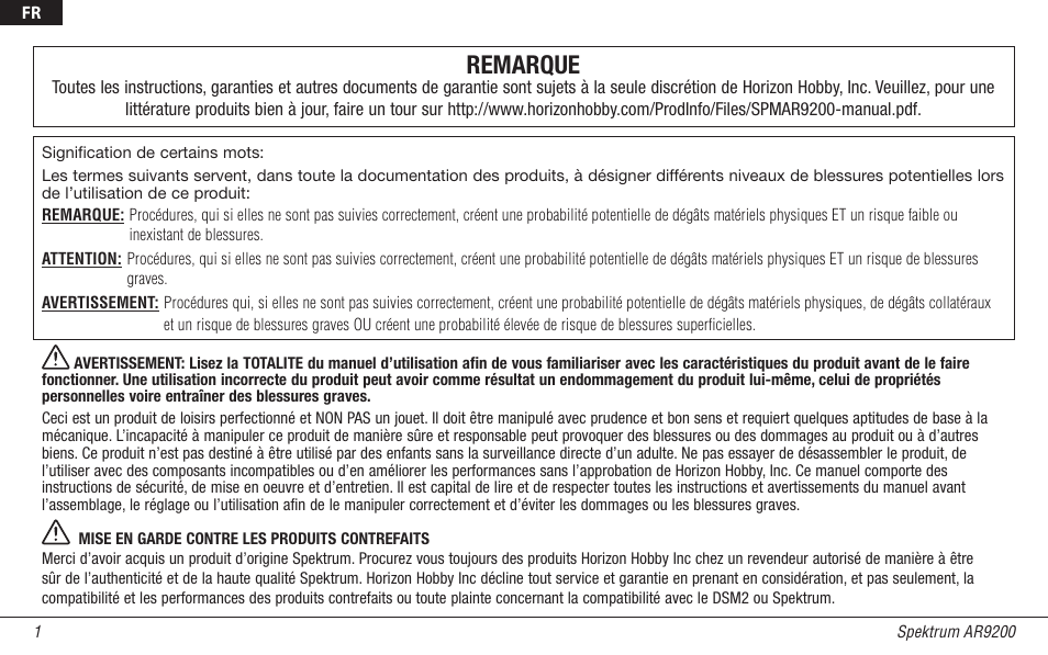 17880.1i_spm_ar9200_i_fr_hr.pdf, Remarque | Spektrum SPMAR9200 User Manual | Page 47 / 92