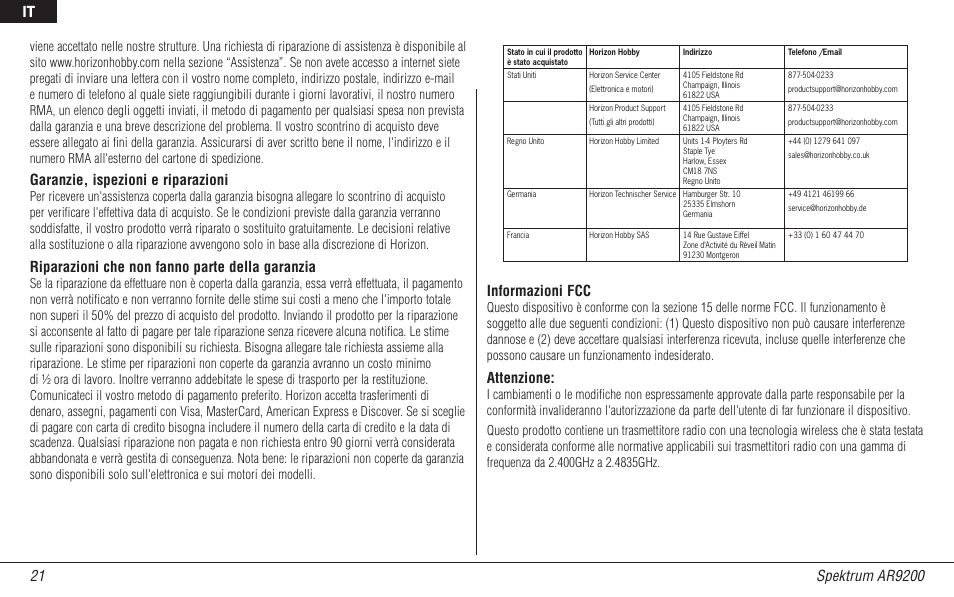 Garanzie, ispezioni e riparazioni, Riparazioni che non fanno parte della garanzia, Informazioni fcc | Attenzione | Spektrum SPMAR9200 User Manual | Page 89 / 92