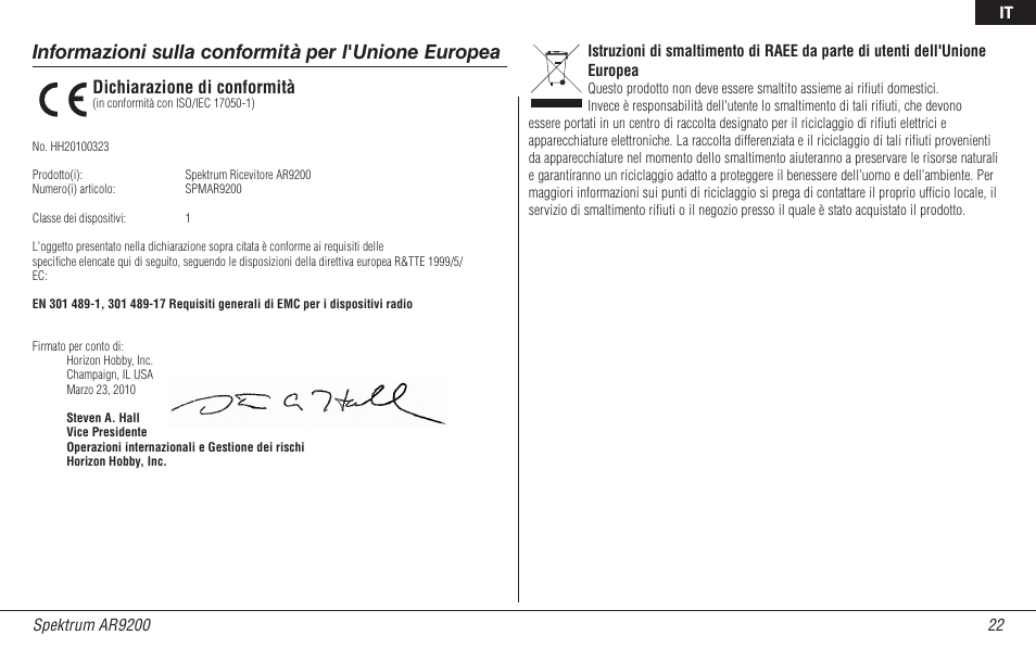 Informazioni sulla conformità per l'unione europea, Dichiarazione di conformità | Spektrum SPMAR9200 User Manual | Page 90 / 92