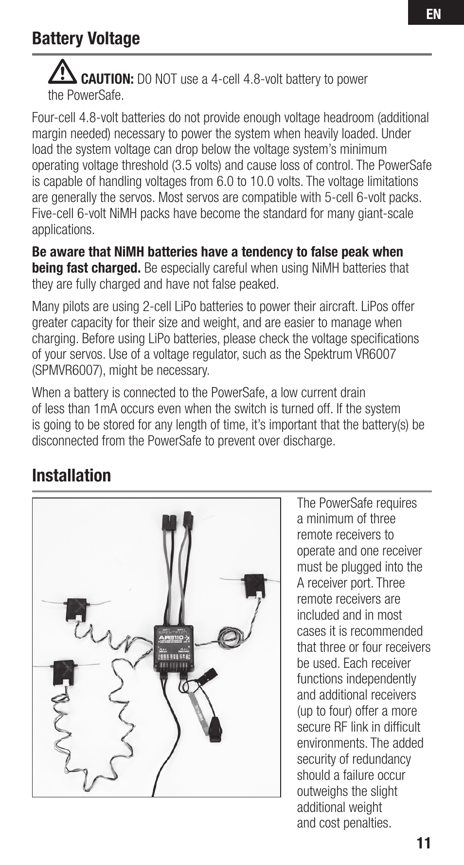 Battery voltage, Installation | Spektrum SPMAR9110 User Manual | Page 11 / 100