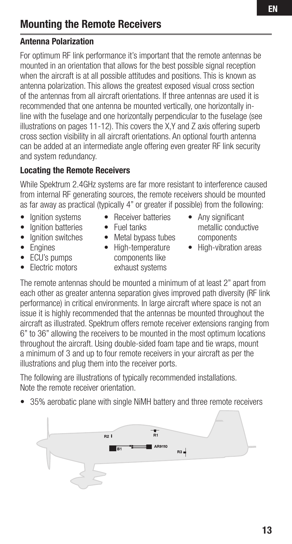 Mounting the remote receivers | Spektrum SPMAR9110 User Manual | Page 13 / 100