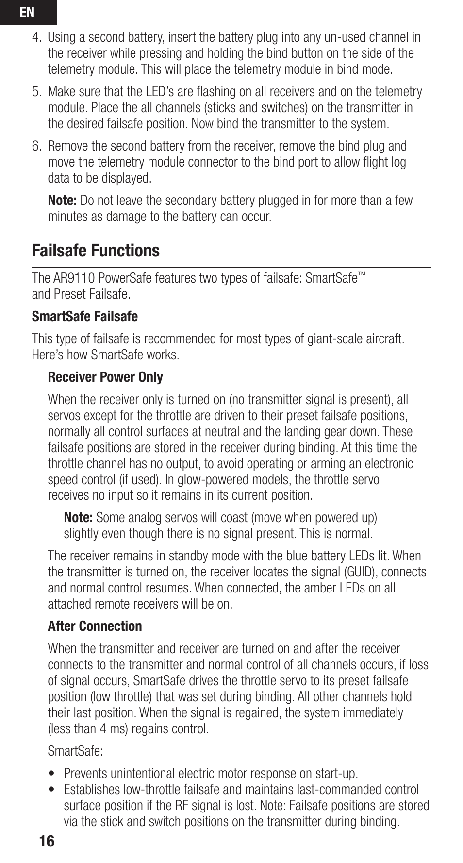 Failsafe functions | Spektrum SPMAR9110 User Manual | Page 16 / 100