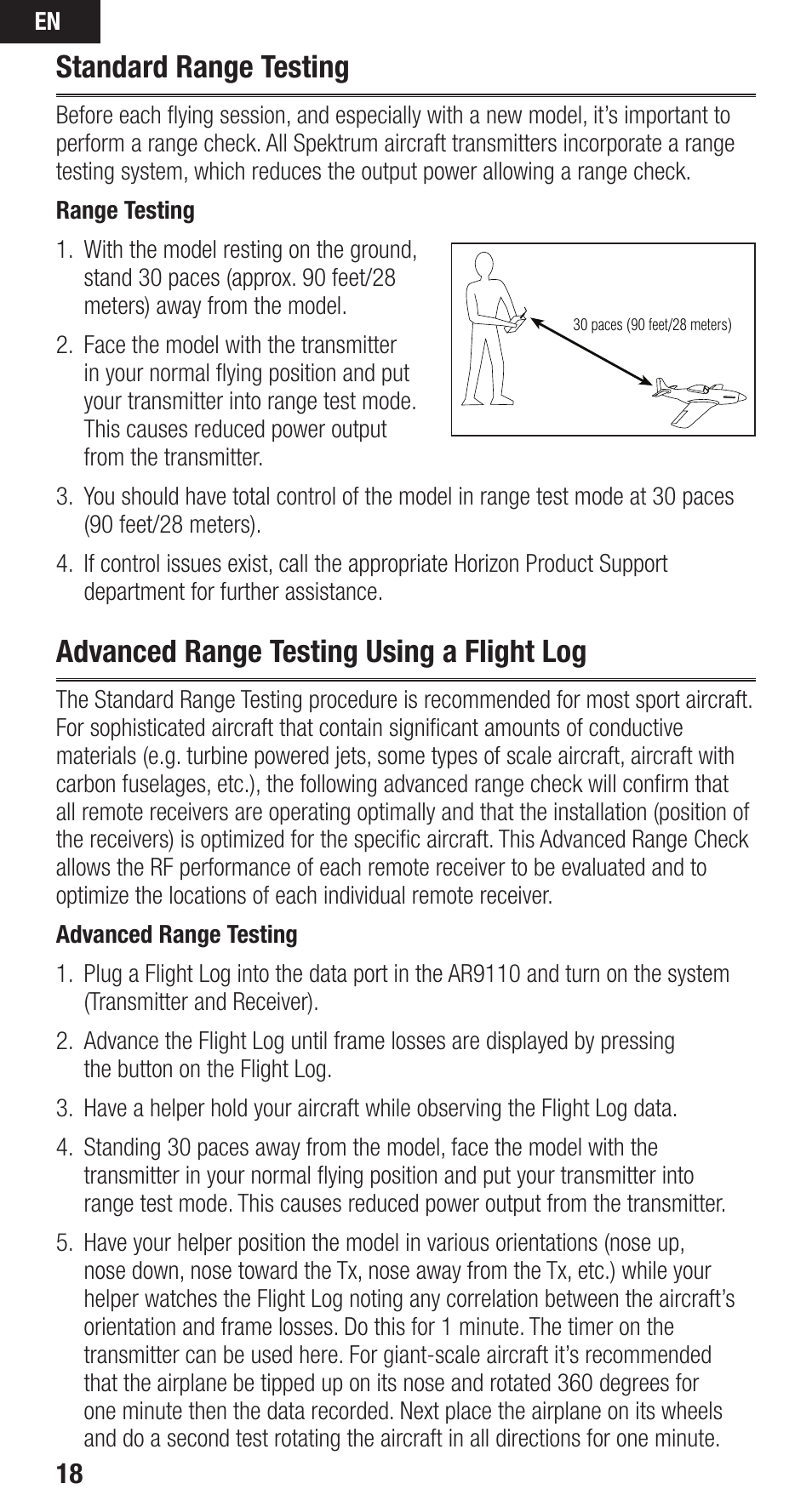 Standard range testing, Advanced range testing using a flight log | Spektrum SPMAR9110 User Manual | Page 18 / 100