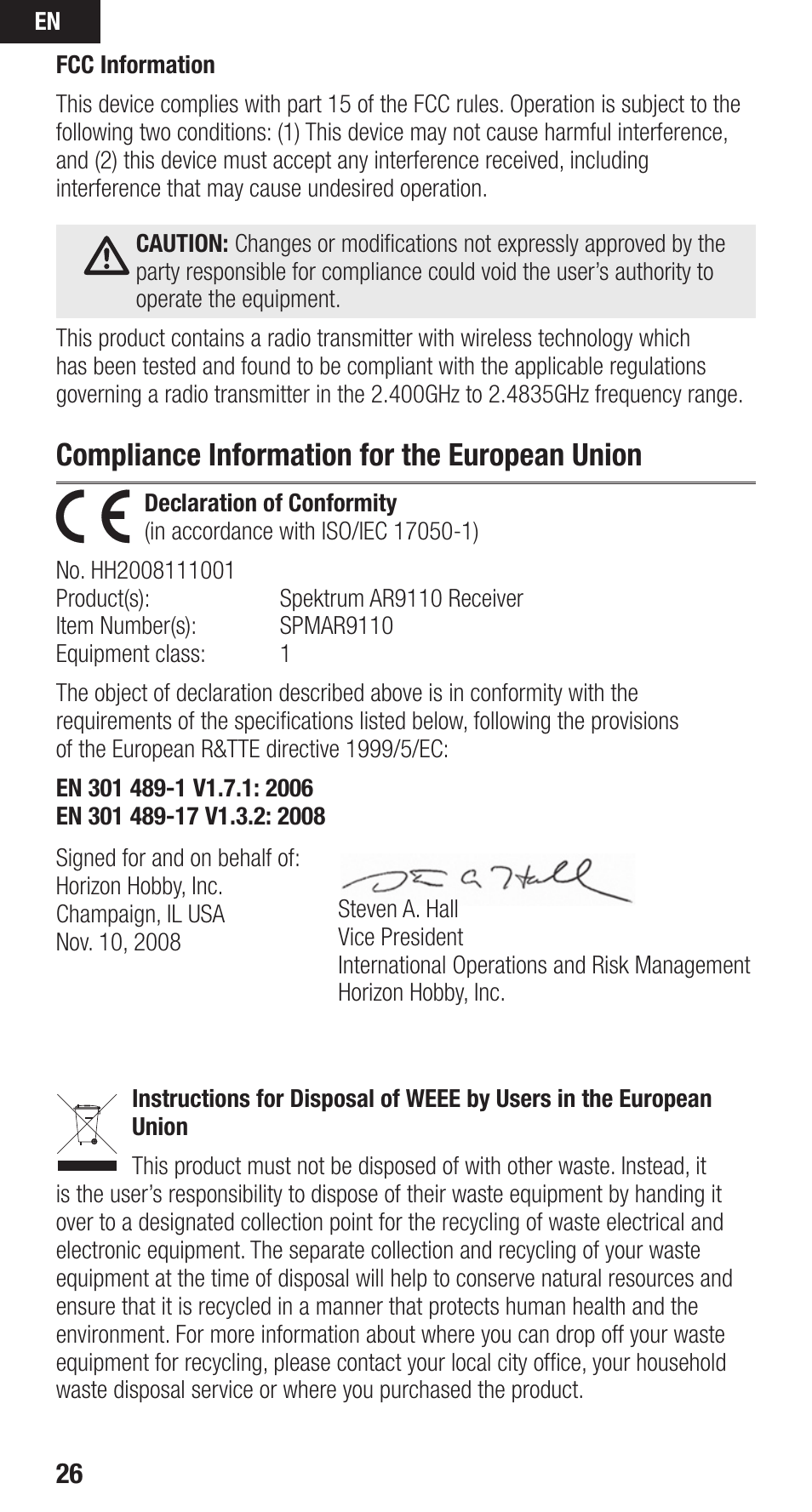 Compliance information for the european union | Spektrum SPMAR9110 User Manual | Page 26 / 100