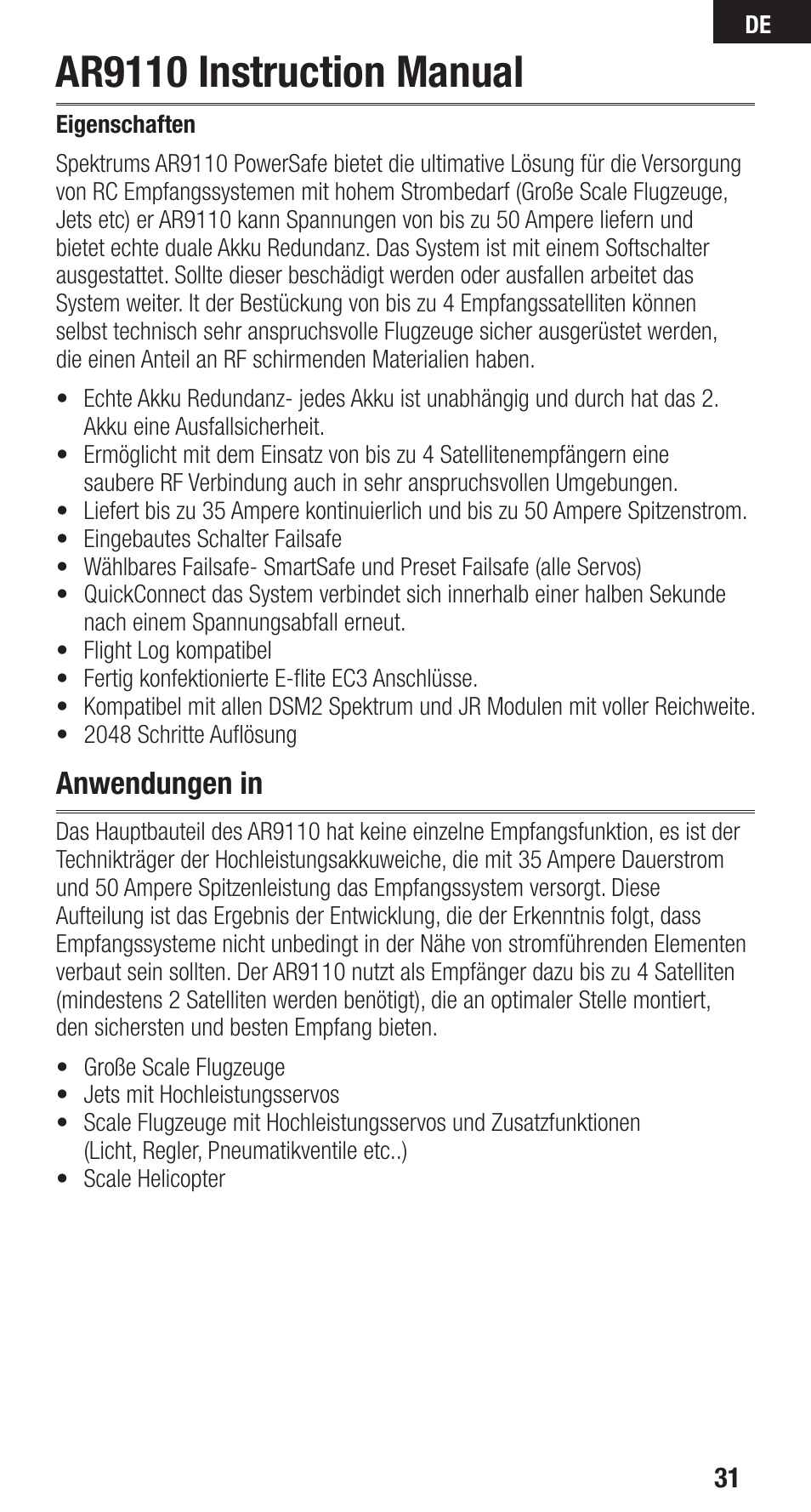 Ar9110 instruction manual, Anwendungen in | Spektrum SPMAR9110 User Manual | Page 31 / 100