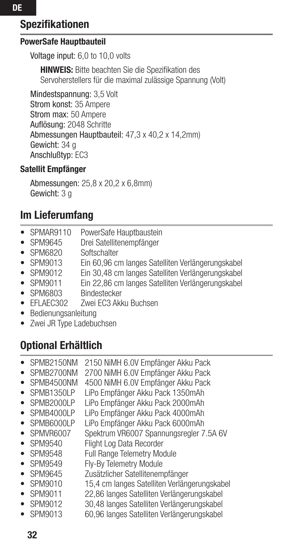 Spezifikationen, Im lieferumfang, Optional erhältlich | Spektrum SPMAR9110 User Manual | Page 32 / 100