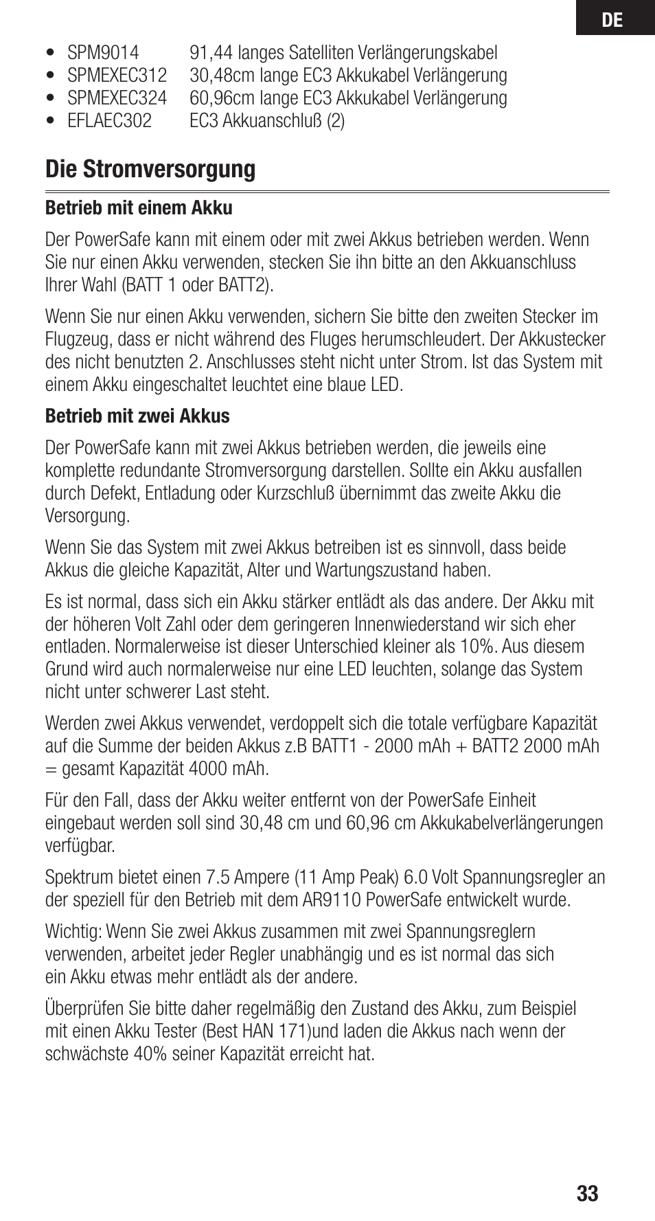 Die stromversorgung | Spektrum SPMAR9110 User Manual | Page 33 / 100