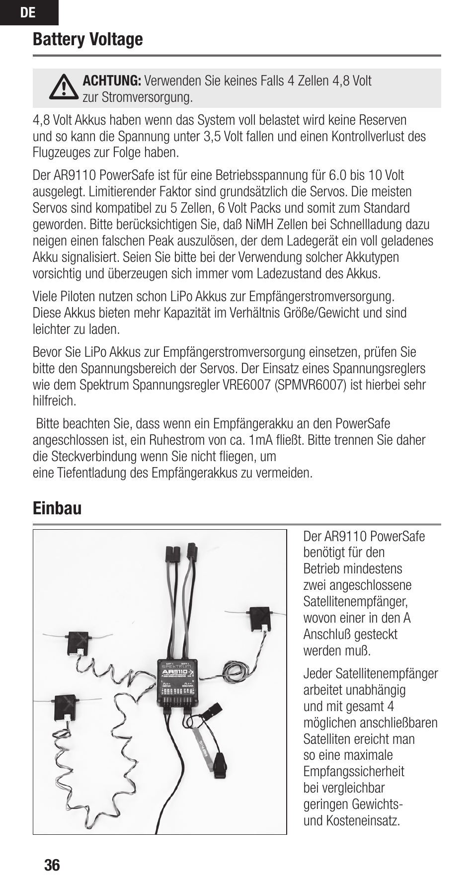 Battery voltage, Einbau | Spektrum SPMAR9110 User Manual | Page 36 / 100