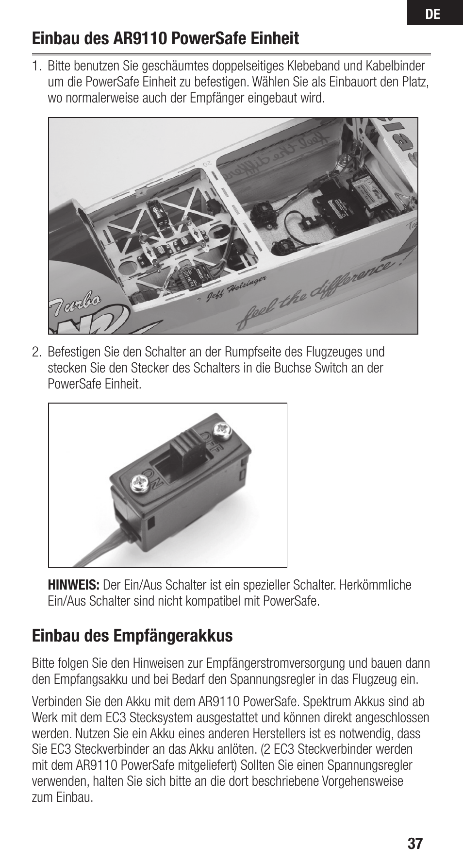 Einbau des ar9110 powersafe einheit, Einbau des empfängerakkus | Spektrum SPMAR9110 User Manual | Page 37 / 100