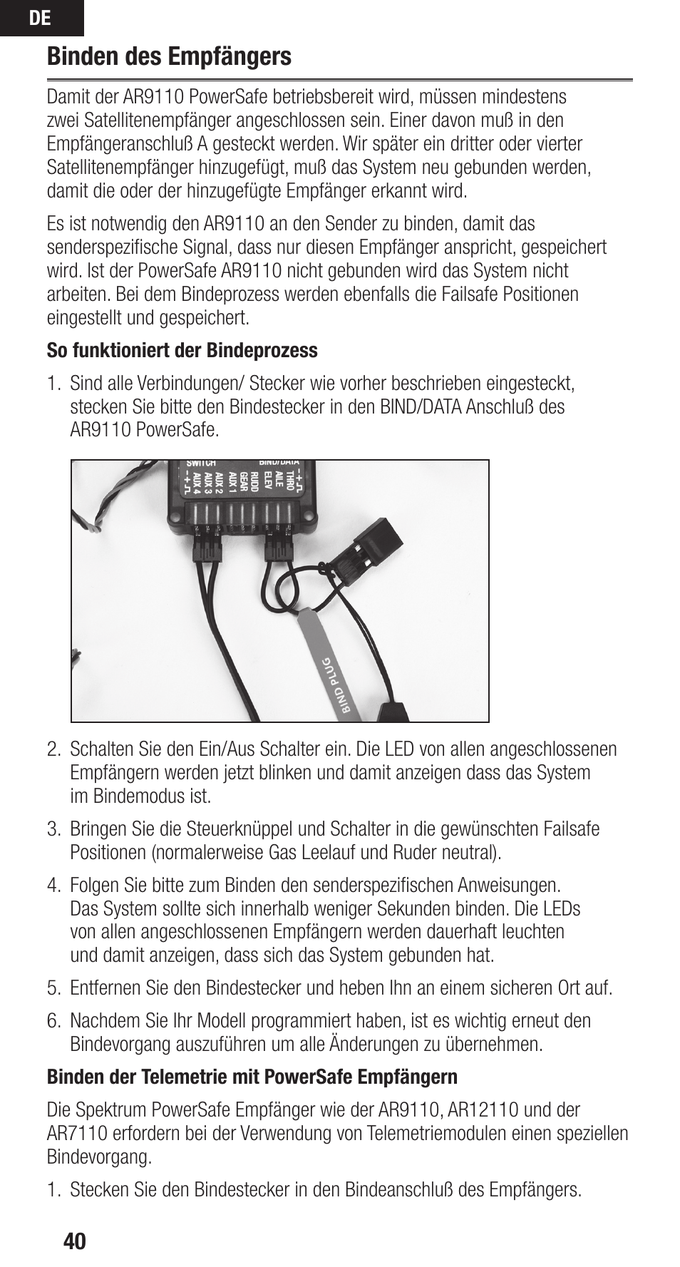 Binden des empfängers | Spektrum SPMAR9110 User Manual | Page 40 / 100