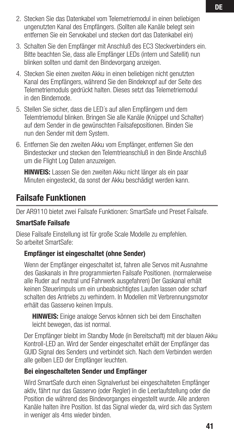 Failsafe funktionen | Spektrum SPMAR9110 User Manual | Page 41 / 100