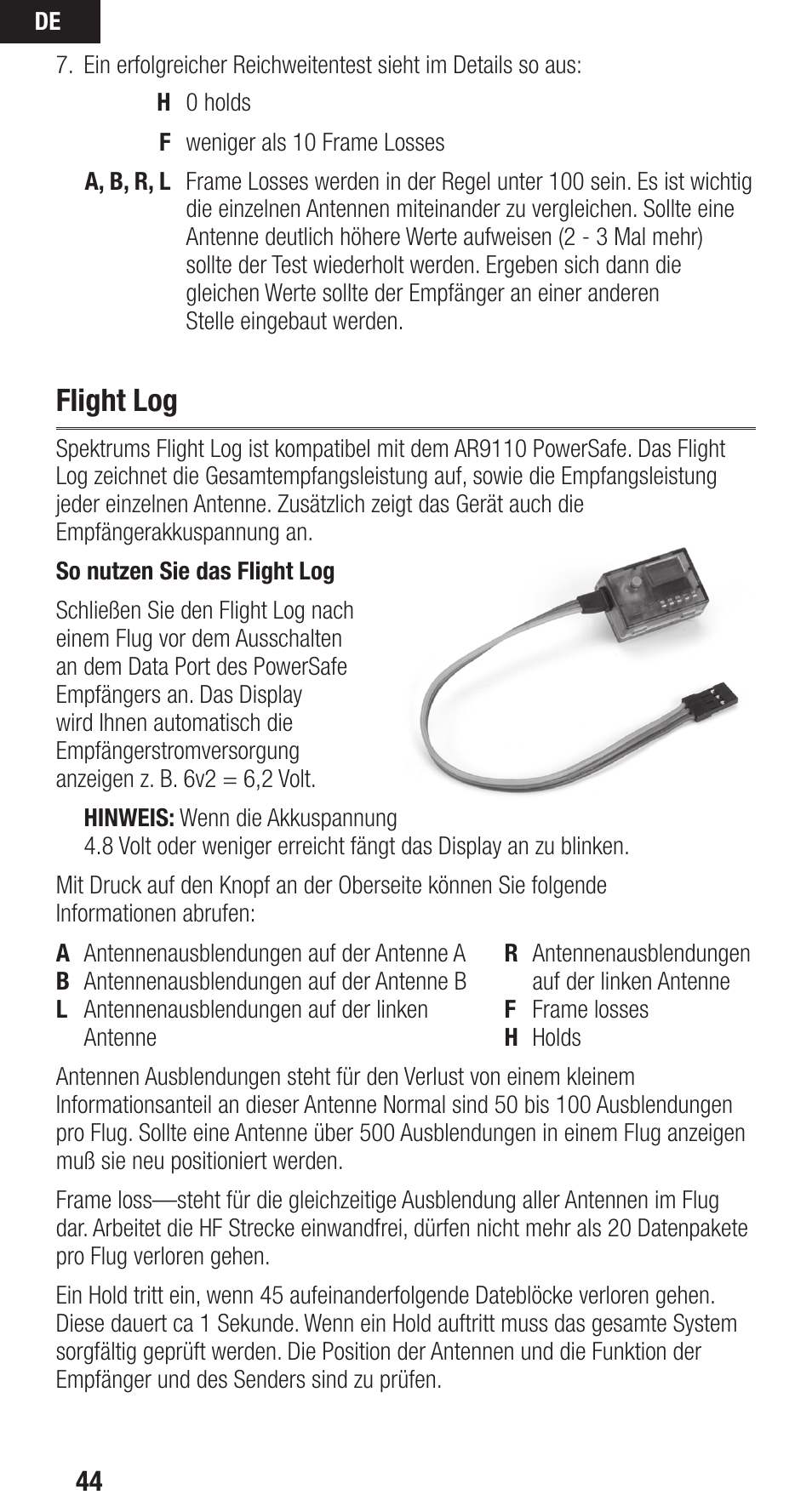 Flight log | Spektrum SPMAR9110 User Manual | Page 44 / 100