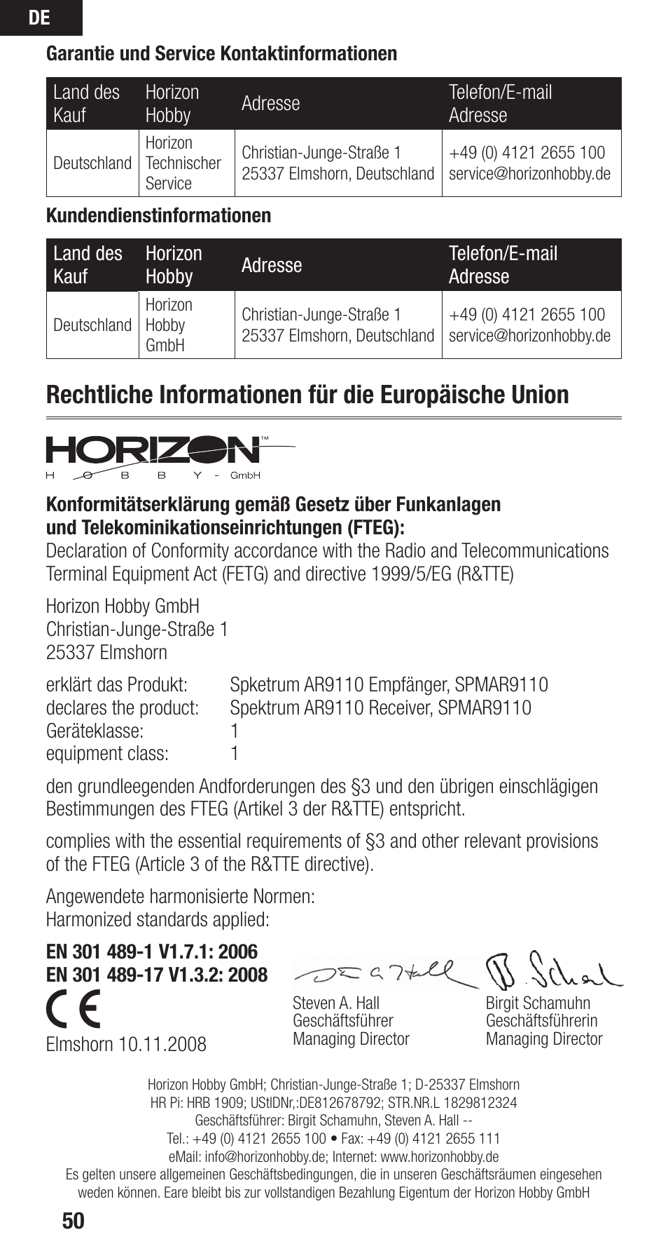Rechtliche informationen für die europäische union | Spektrum SPMAR9110 User Manual | Page 50 / 100