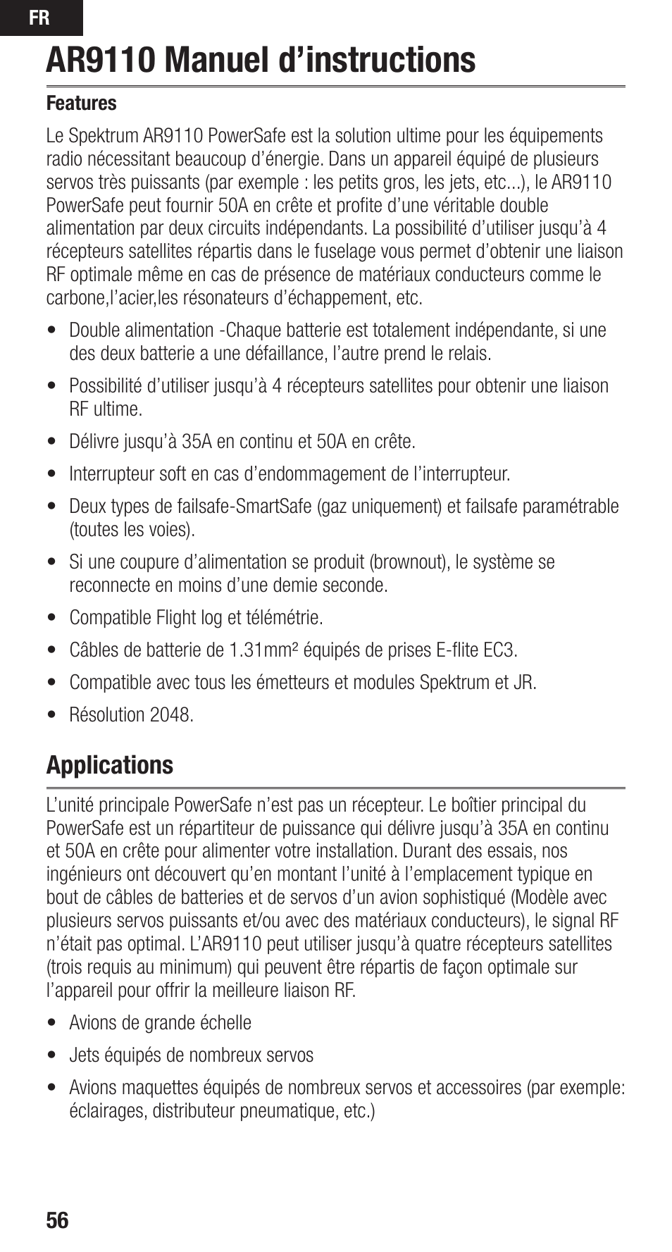 Ar9110 manuel d’instructions, Applications | Spektrum SPMAR9110 User Manual | Page 56 / 100