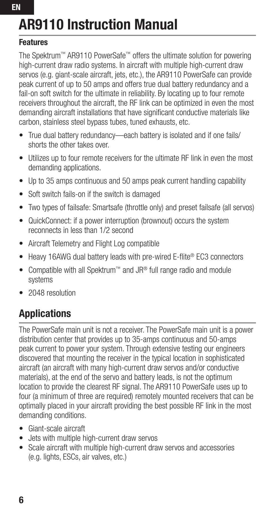 Ar9110 instruction manual, Applications | Spektrum SPMAR9110 User Manual | Page 6 / 100