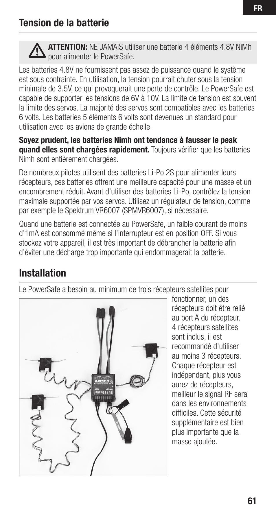 Tension de la batterie, Installation | Spektrum SPMAR9110 User Manual | Page 61 / 100