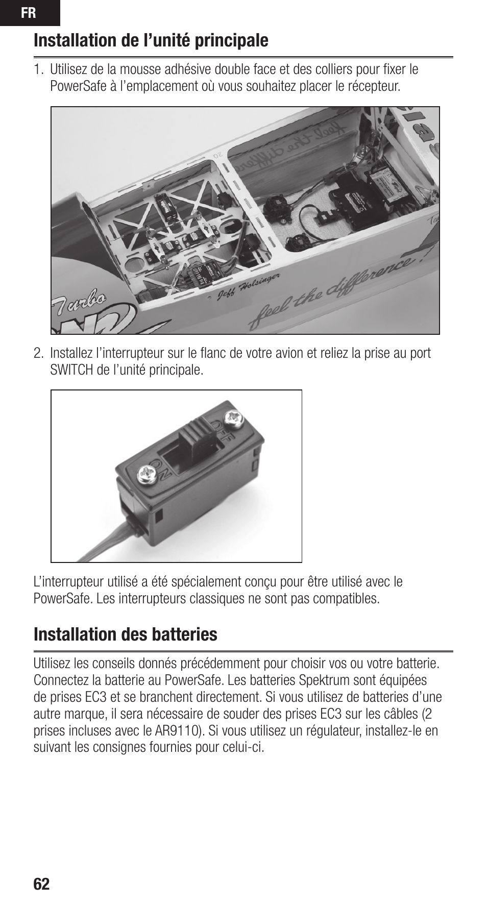 Installation de l’unité principale, Installation des batteries | Spektrum SPMAR9110 User Manual | Page 62 / 100